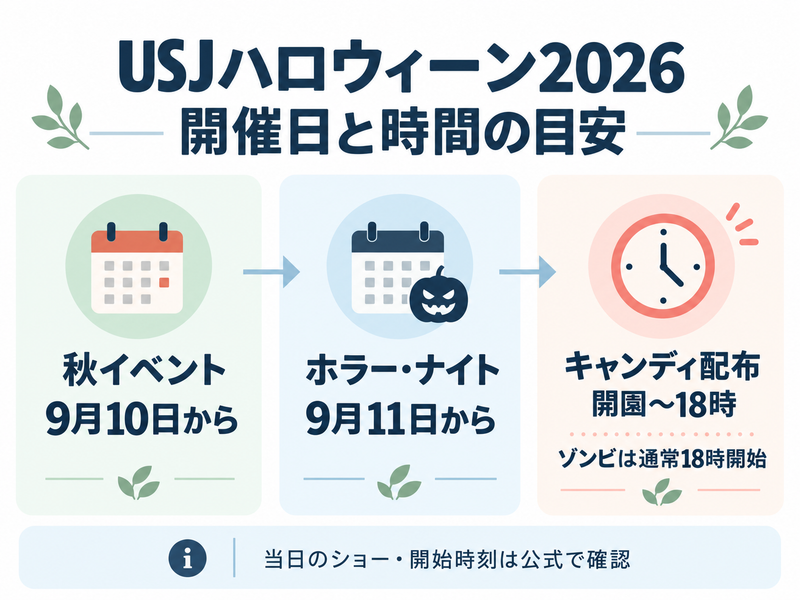 USJハロウィーン2026の開催開始日、キャンディ配布時間、ホラー・ナイト開始の目安をまとめた図解