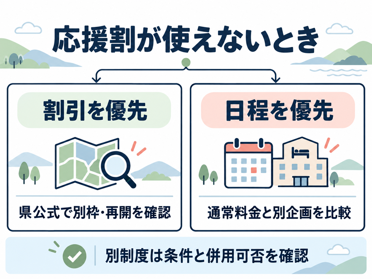 九州ふっこう応援割が使えないときに、割引を優先するなら別枠と再開、日程を優先するなら通常料金と別企画を比べる図解